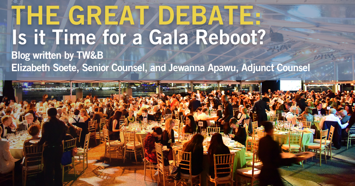 The banner image reads "The Great Debate: Is it Time for a Gala Reboot?" with a background image of people at a gala event.